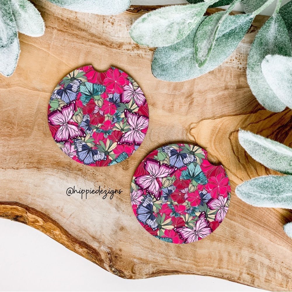 Floral Butterfly Car Coaster Set |  Butterfly Coaster Set | Car Accessories